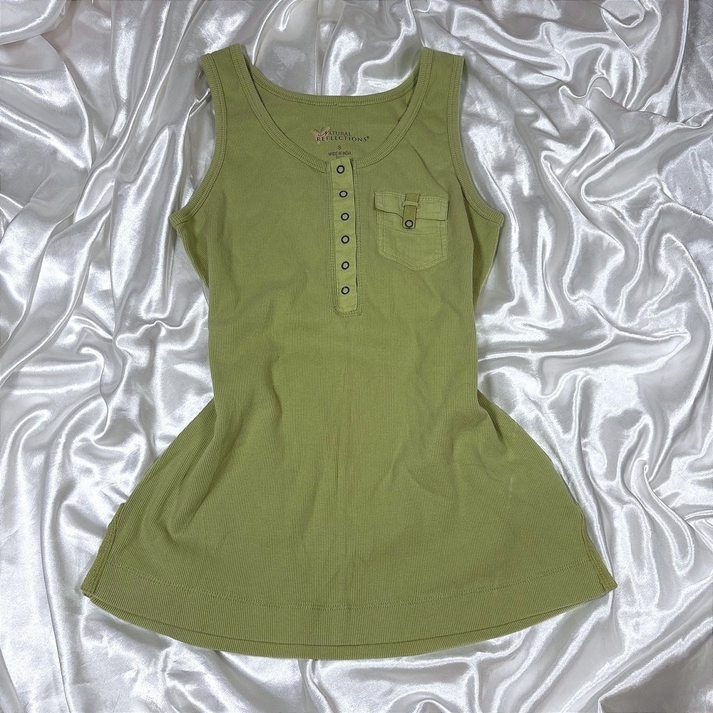 y2k Tank Top Green Excellent Natural Reflections Ribbed Henley Pocket Tank